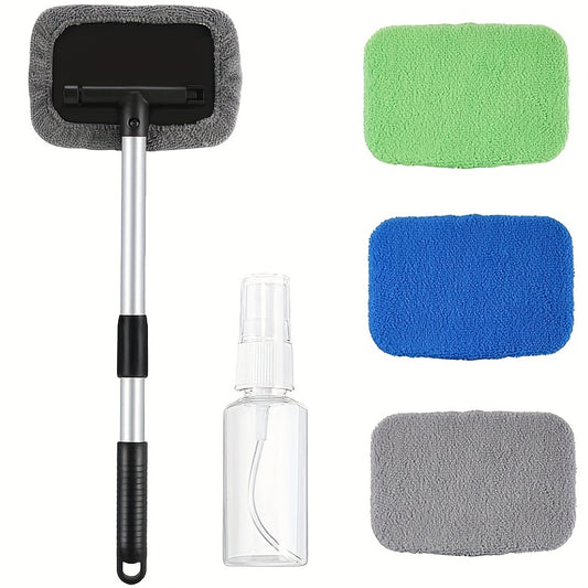 Windshield Cleaner, Microfiber Car Window Cleaner With 4 Reusable And Washable Microfiber Pads And Extendable Handle Auto Inside Glass Wiper Kit