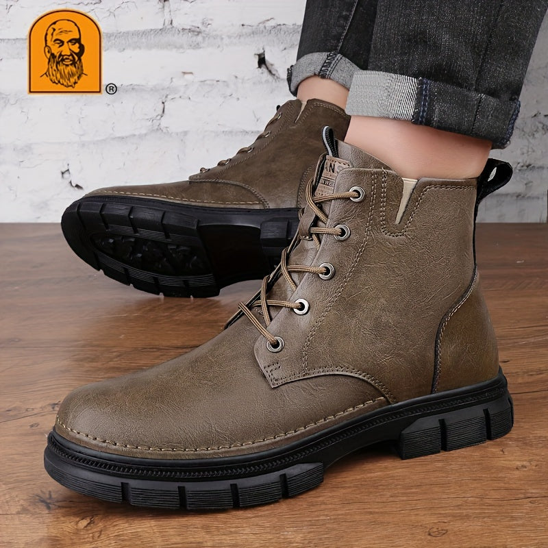 LAORENTOU Men's Trendy Solid Ankle Boots With Lined Fuzz, Waterproof Wear-resistant Non Slip Lace-up Boots For Outdoor Casual