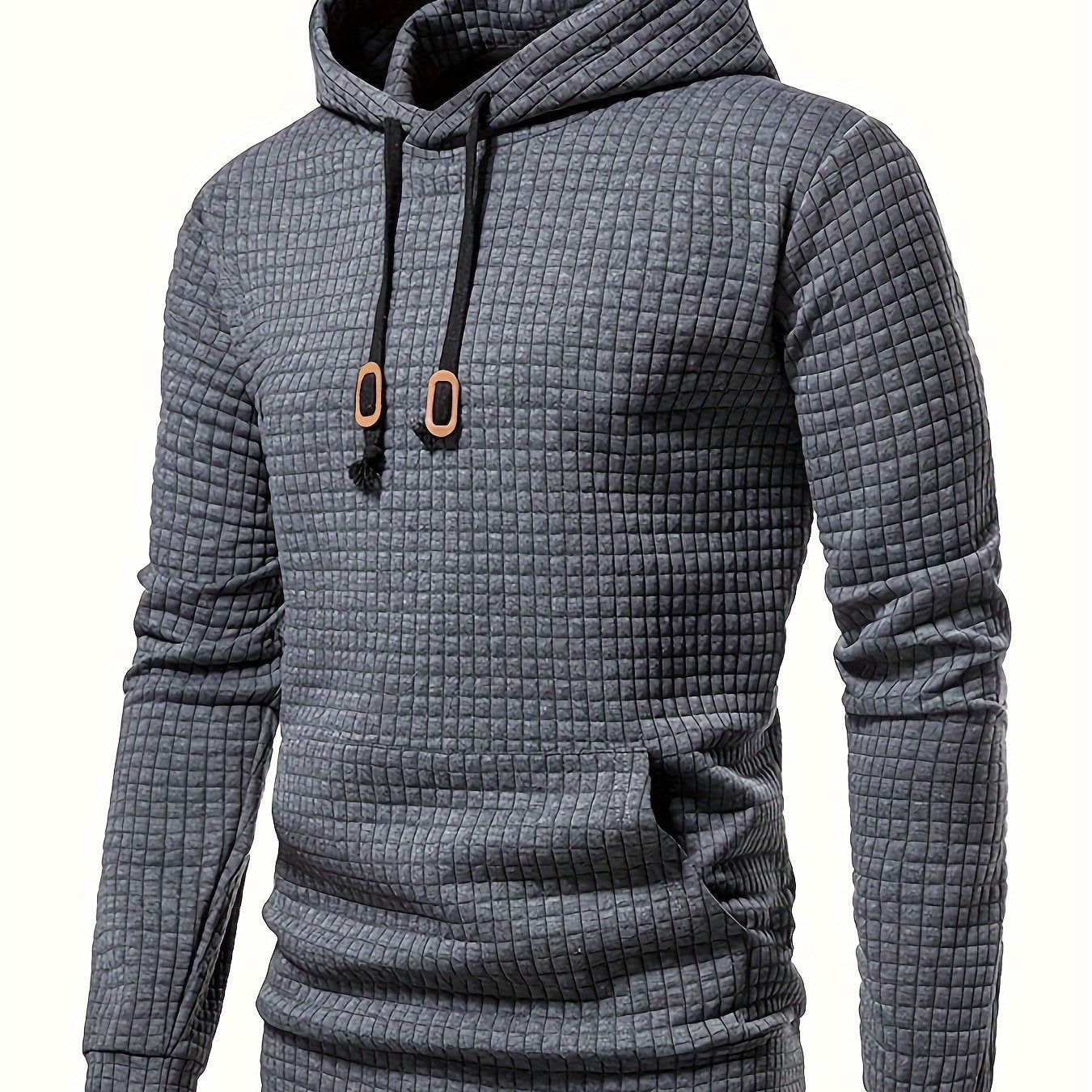 Waffle Pattern Hoodie, Cool Hoodies For Men, Men's Casual Solid Pullover Hooded Sweatshirt With Kangaroo Pocket Streetwear For Winter Fall, As Gifts