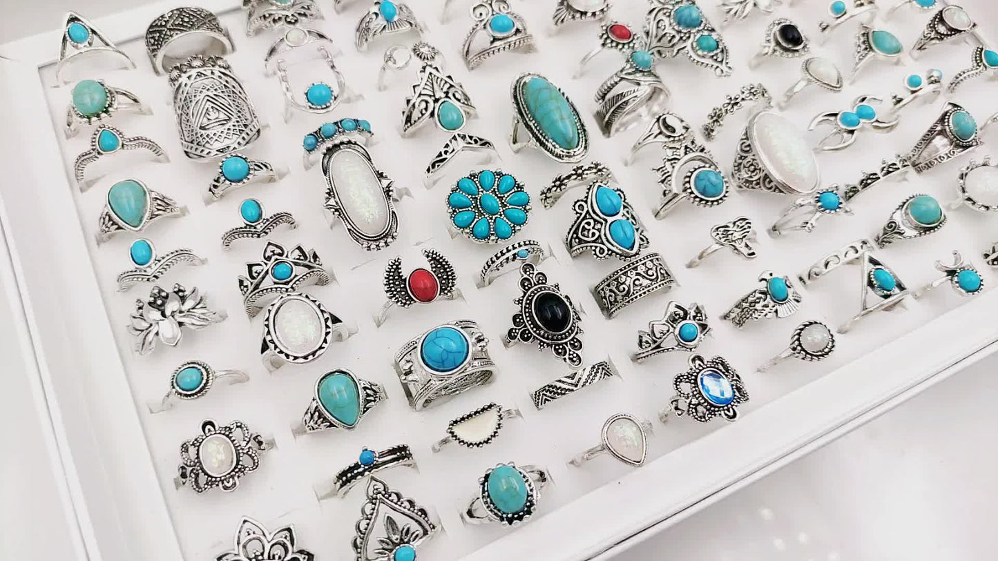 50pcs Boho Style Ring Set Trendy Flower \u002F Crown \u002F Geometry Design Inlaid Turquoise Mix And Match For Daily Outfits Blind Bag With Uncertain Styles