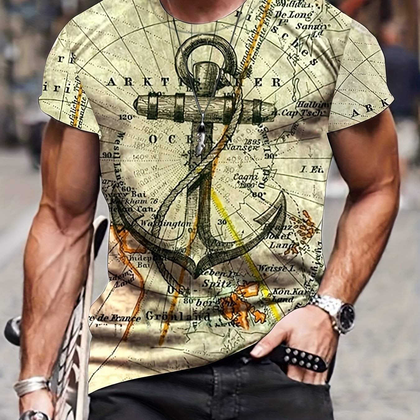 PLUS SIZE Men's 3D Anchor Graphic Print T-shirt For Summer, Street Style Short-sleeve Tees Tops For Big & Tall Guys