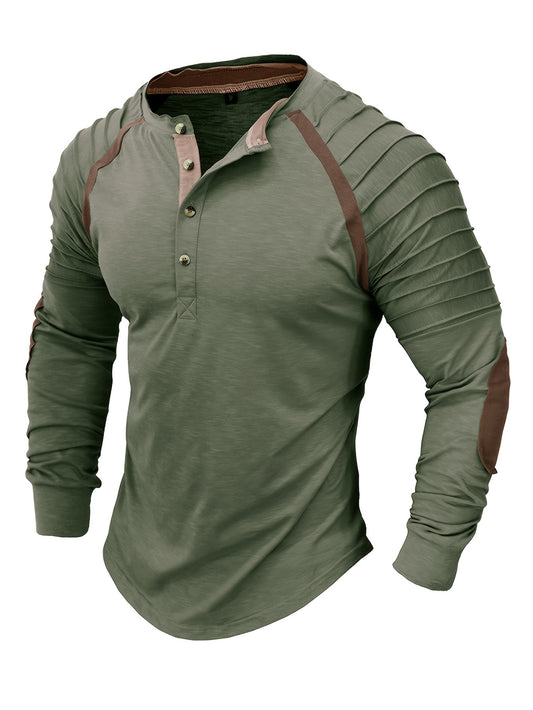 Vintage Color Block Men's Creative Design Long Sleeve Round Neck Henley Shirt, Spring Fall Sports Wear