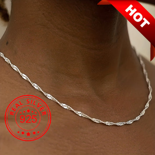 925 Sterling Silver Water Wave Chain Necklace Classic Neck Jewelry Gift For Women Daily Use