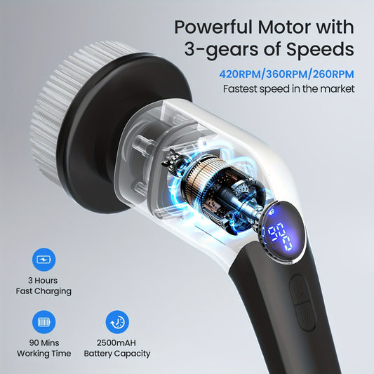 1set, Electric Spin Scrubber, New Cordless Rechargeable Shower Scrubber With 8 Replaceable Brush Heads, For Home Car Floor Tile, Power Scrubber 3 Adjustable Speed, Adjustable & Detachable Long Handle, Voice Broadcast, Digutal Display, IPX7 Waterproof