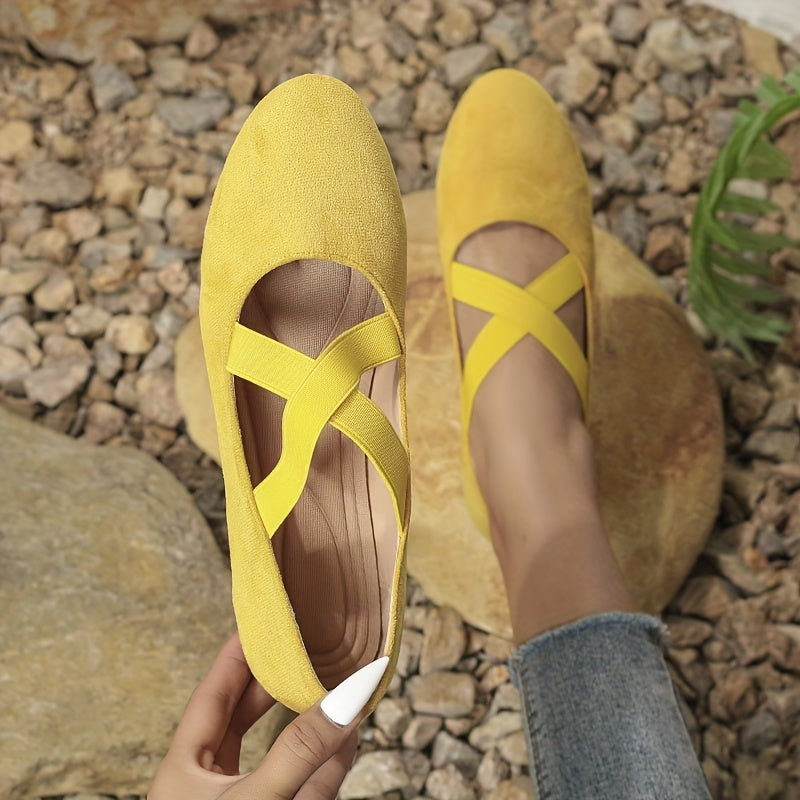 Femmes Cross Strap Ballet Flats, Solide Couleur Sangle Élastique Slip Sur Chaussures, Casual Soft Sole Flats