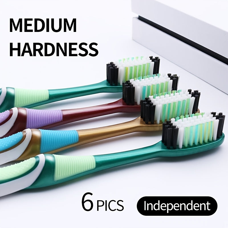 6pcs Moyen Cheveux Dur Moyen Cheveux Brosse À Dents 6 Paquets Indépendants (2 Rouge 2 Vert 2 Jaune) Grosse Tête Adulte Famille Pack Pour Un Usage Domestique