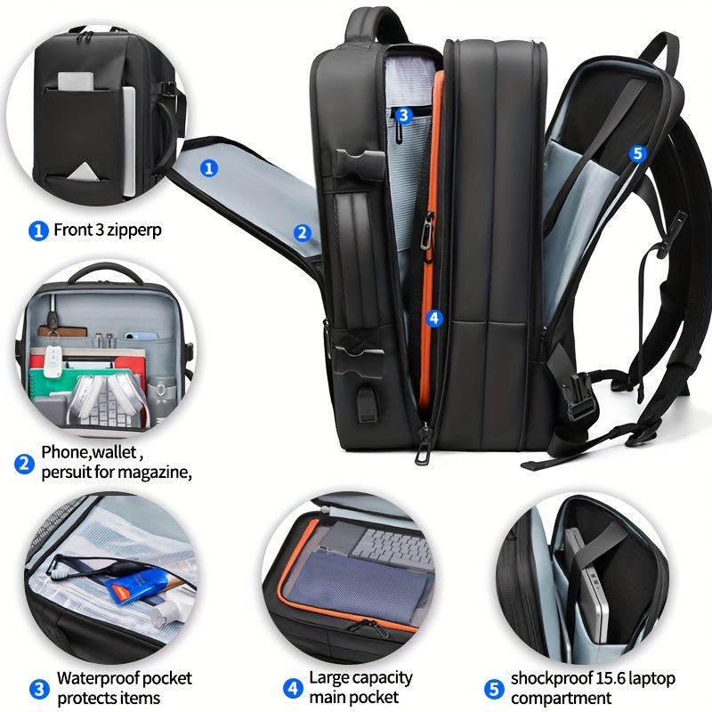 Expandable Travel Business Laptop Men's Backpack, Large Capacity Waterproof With External USB Charging Port Commuter Backpack