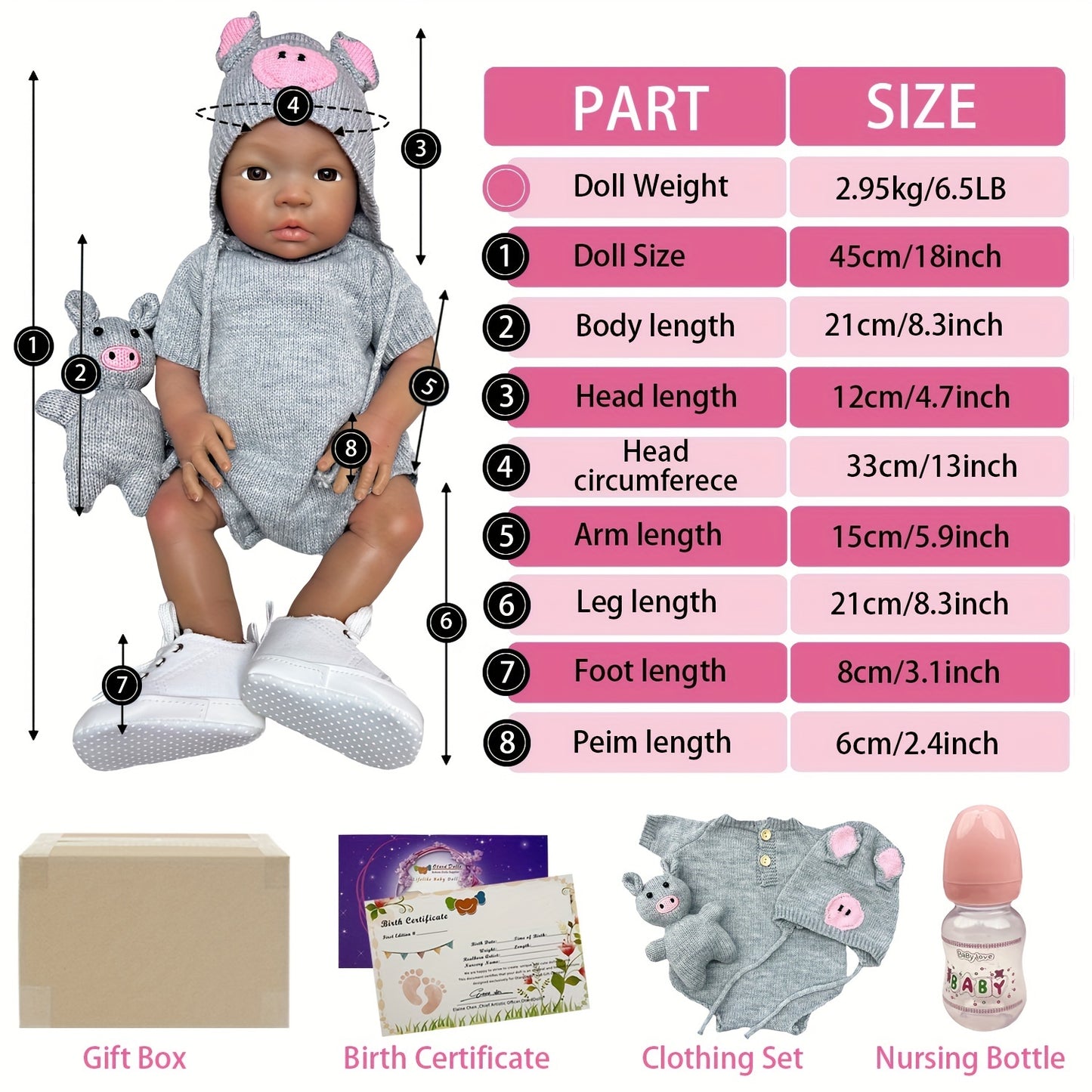 45cm\u002F18Inch Dark Skin Solid Silicone Reborn Girl With Artist Oil Painted Skin, Whole Body Soft Platinum Silicone Newborn Baby Doll Can Bath, Reborn Doll Toy