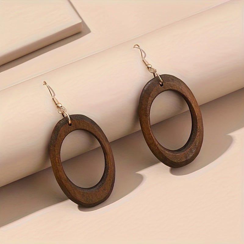 5 Pairs \u002F Set Brown Wooden Dangle Earrings Retro Simple Style Light Weight Fall Winter Ear Ornaments