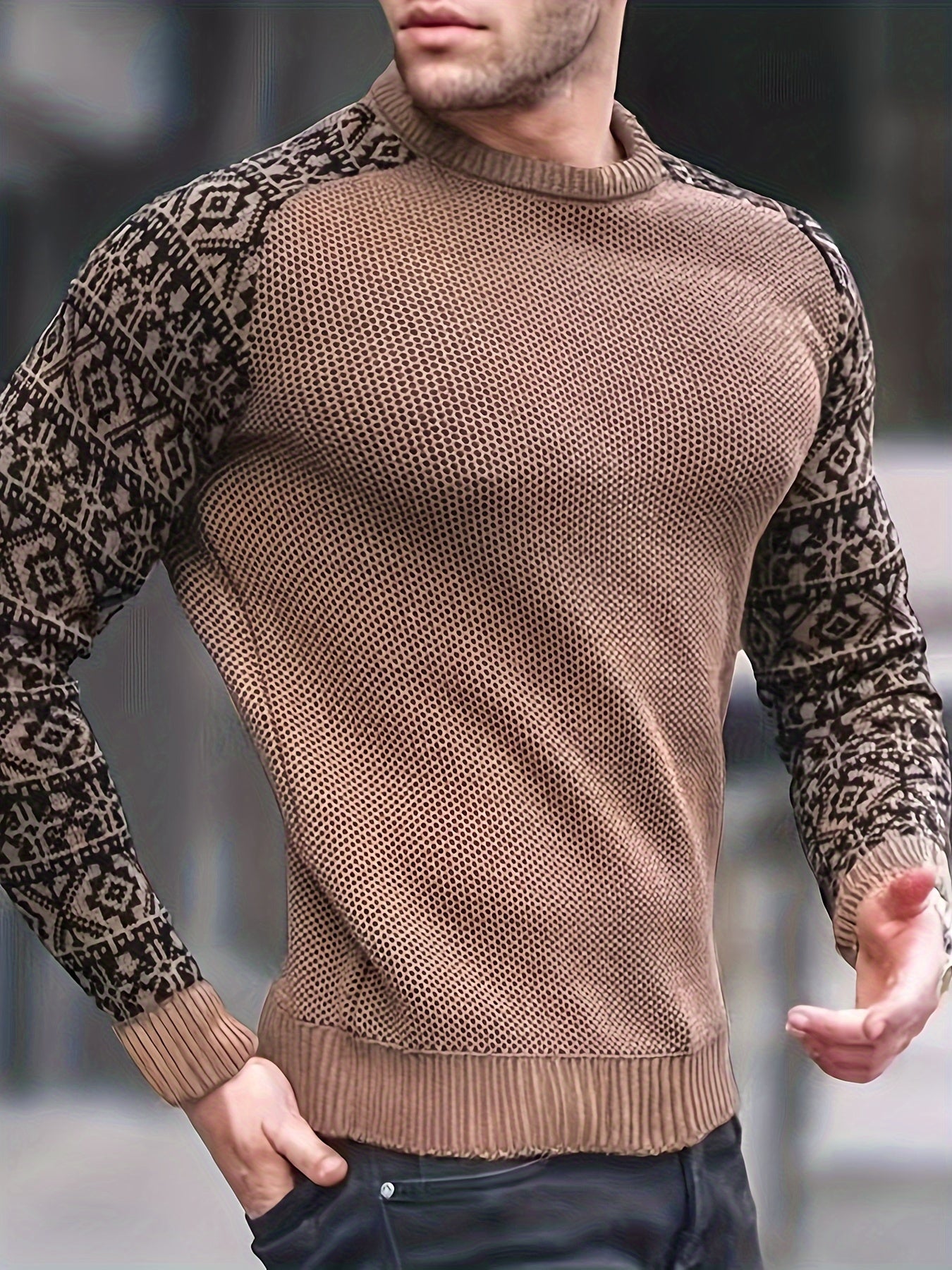 Waffel Trendy Patchwork Sweatshirt, Herren lässig ethnische Muster Ärmel mit Rundhals ausschnitt Sweatshirt für Männer Herbst Winter