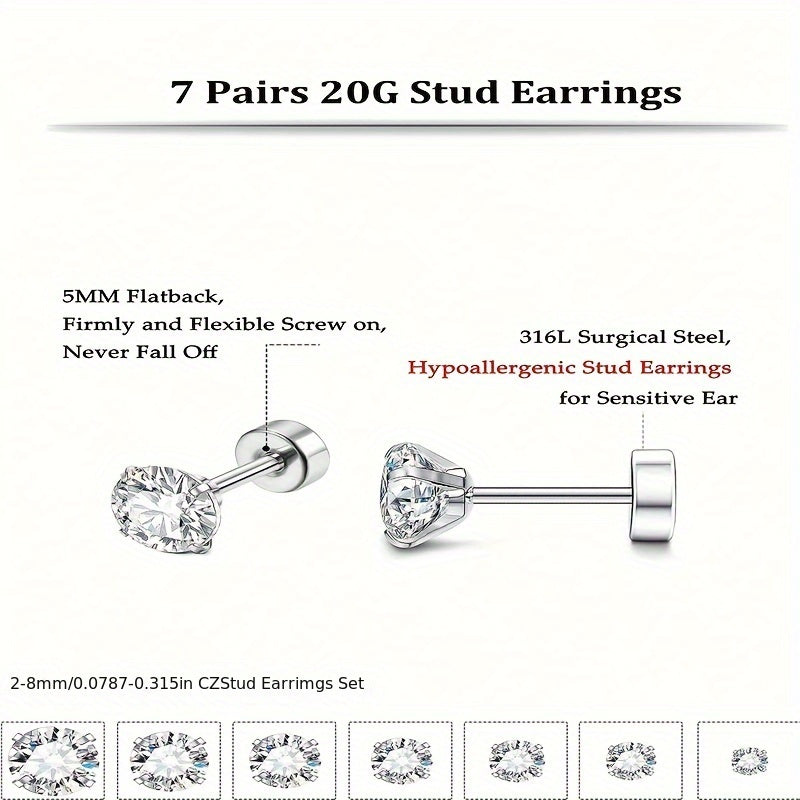 7 Paar zarte Ohrstecker mit flacher Rückseite, Edelstahlschmuck, verziert mit synthetischen Edelsteinen, als Geschenk für Frauen