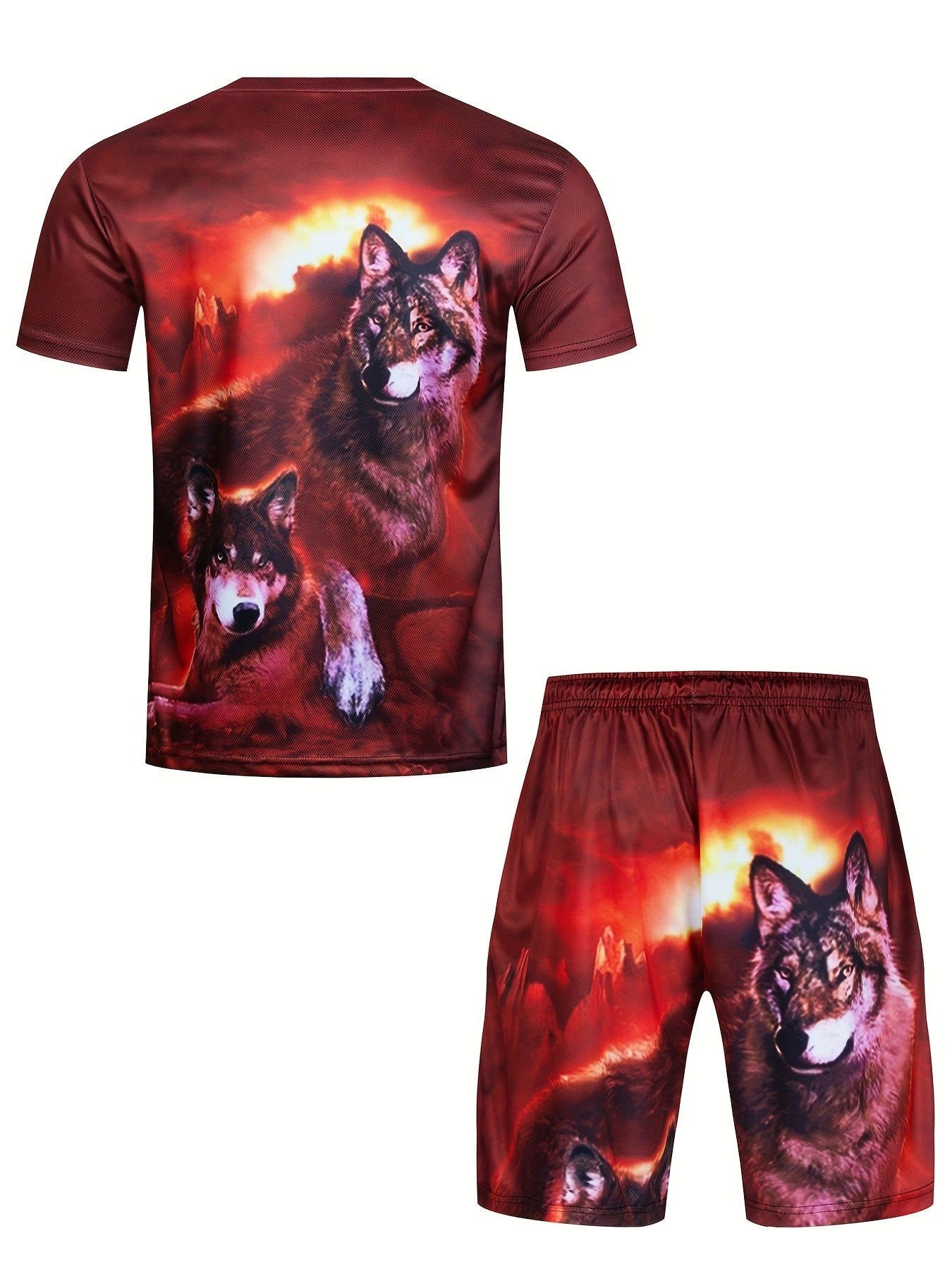 Men's Simple Style Casual Pajamas Sets, Creative Wolf Graphic Print Short Sleeve Crew Neck Top & Loose Shorts Lounge Wear, Outdoor Sets For Spring Autumn