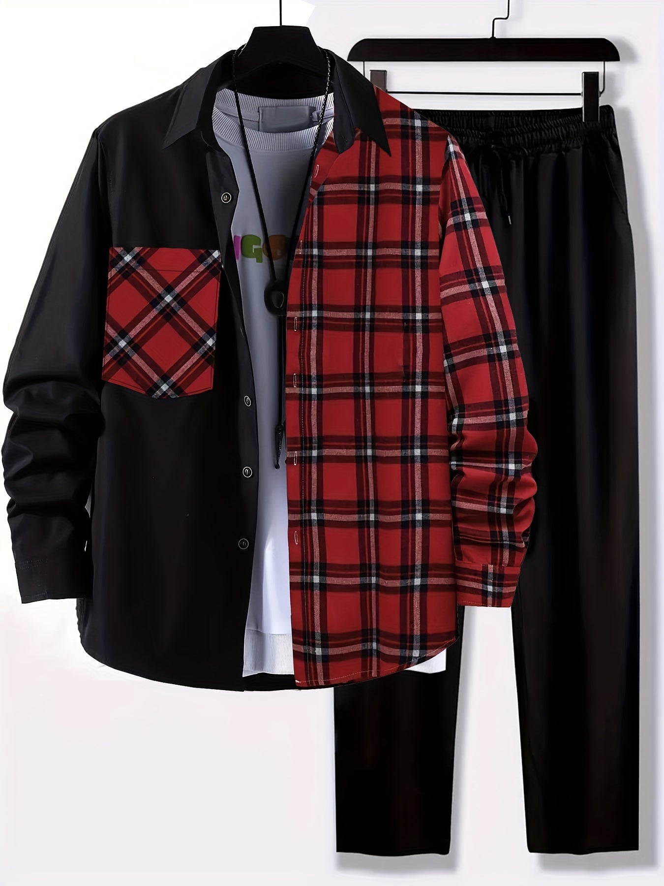 Plus Size Men's Plaid Shirt & Pants Set For Spring\u002Fautumn, Oversized Loose Fit 2Pcs Outfits For Workout\u002Foutdoor, Men's Clothing