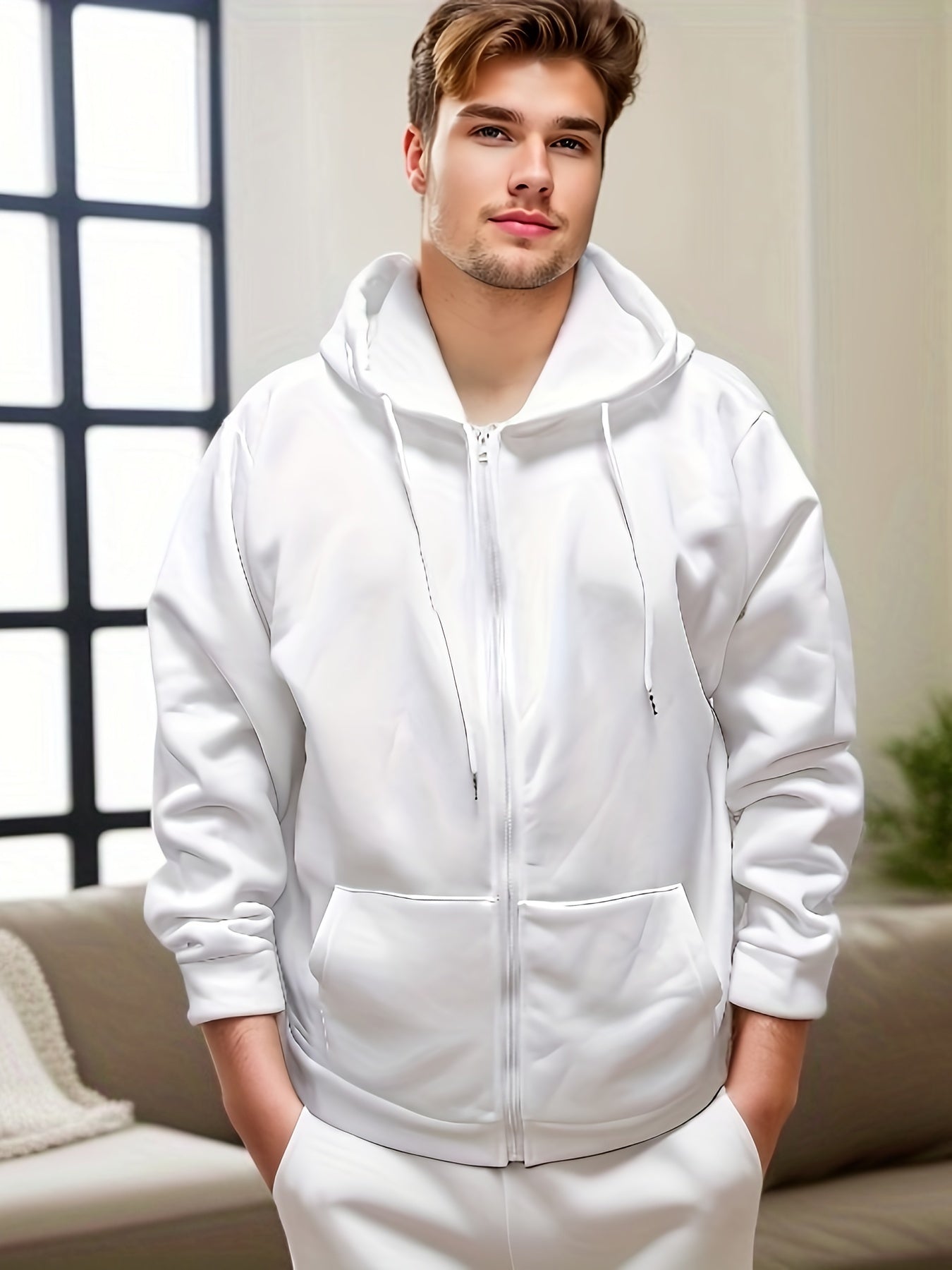 Plus Size Men's Solid Hoodies Oversized Hooded Jacket With Zipper For Fall Winter, Men's Clothing