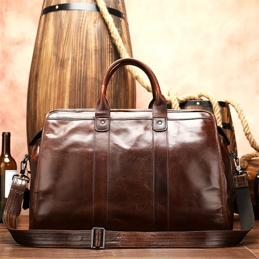 1pc Men's Genuine Leather Travel Bag, Carry On Luggage Bag, Duffel Handbag, Casual Traveling Tote Large Capacity Weekend Bag