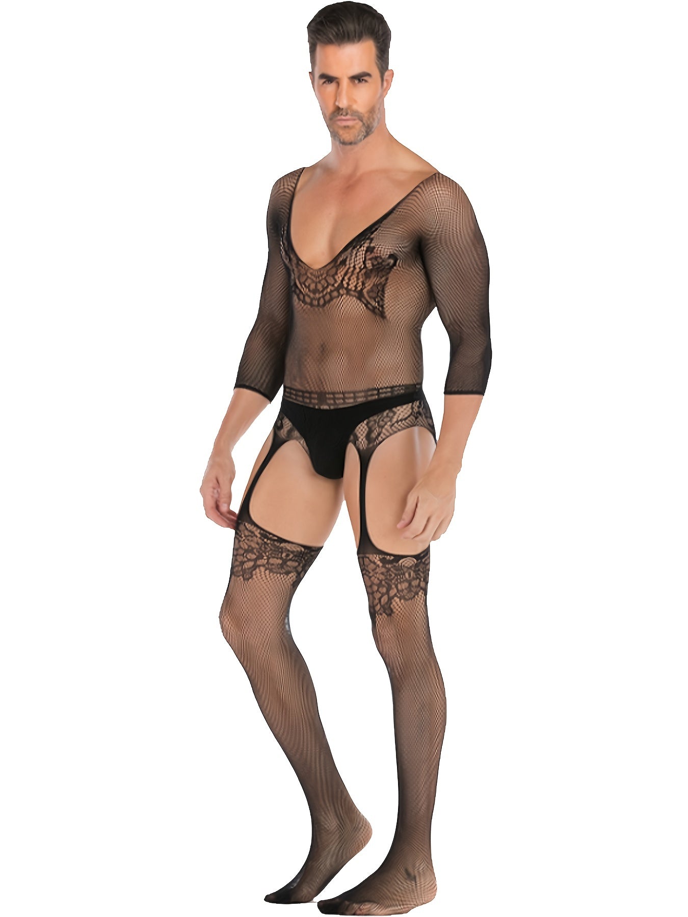 No Panties, Men's Sexy Fishnet One-Piece Sheer Costumes, Bodysuit & Stockings For Nightwear, Underwear For Gay, Men's Exotic Apparel