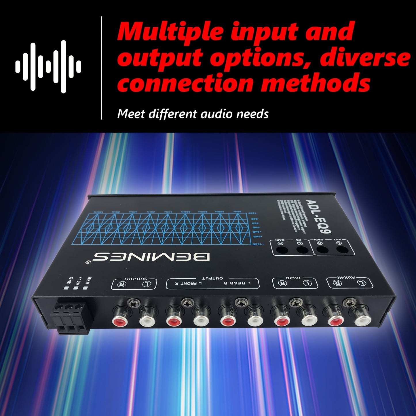 EQ9 9-band كامل المدى سيارة التعادل ، ضبطها الصوت ، وصلات الإدخال والإخراج المتعددة ، يدعم ثلاثة أضعاف وباس ، سيارة تعديل الصوت التعادل