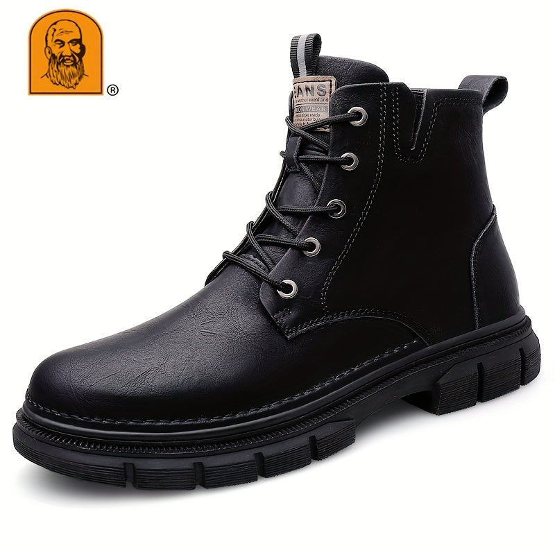 LAORENTOU Men's Trendy Solid Ankle Boots With Lined Fuzz, Waterproof Wear-resistant Non Slip Lace-up Boots For Outdoor Casual