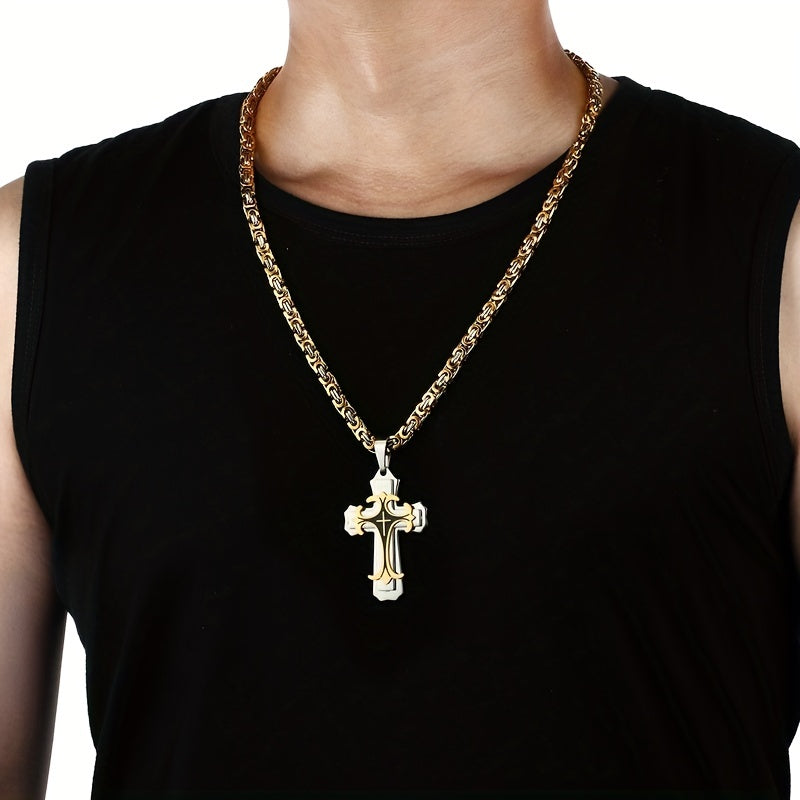 Men's Vintage Flat Handmade Necklace With Multilayer Golden Black Stainless Steel Cross Pendant Necklace Jewelry