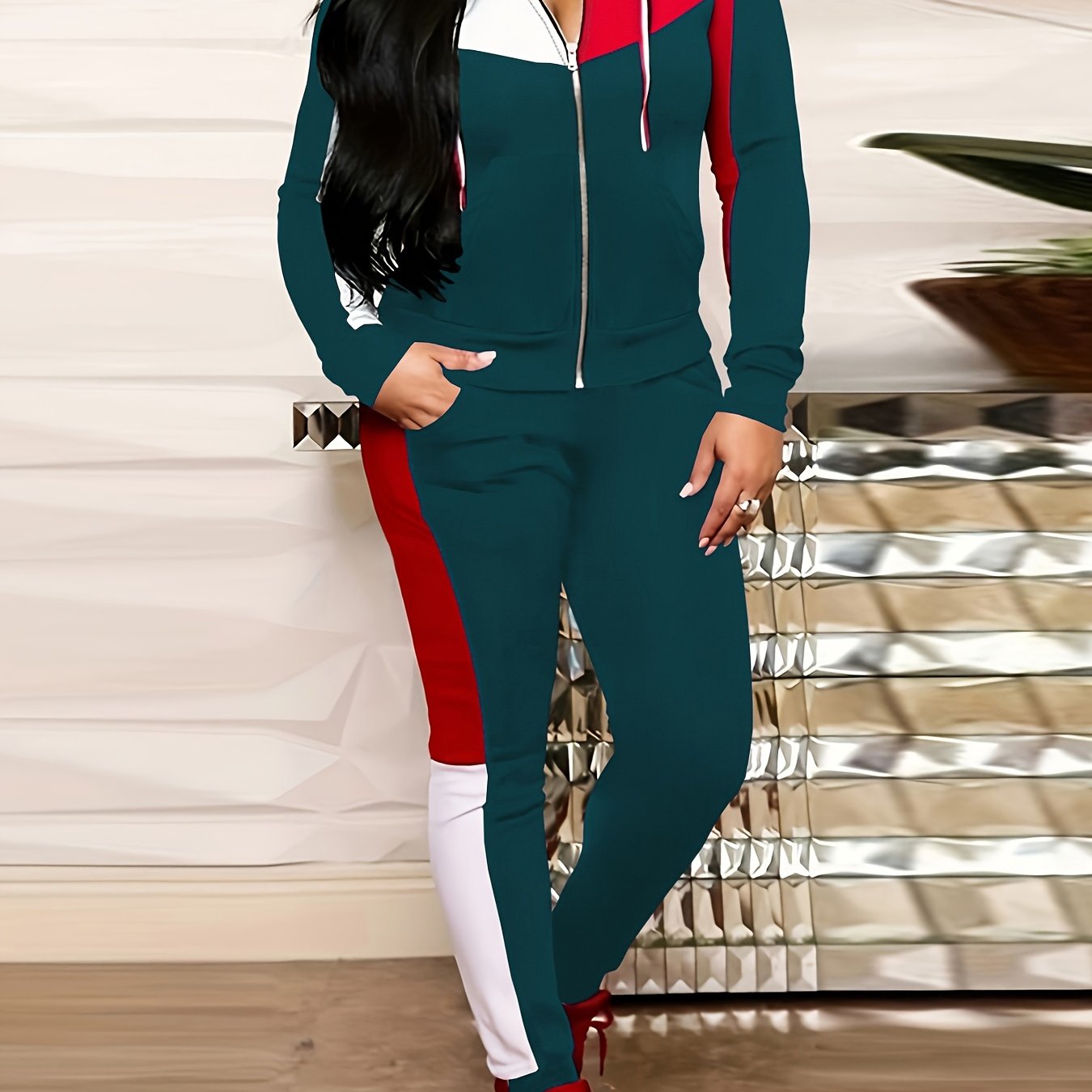 Athleisure Color Block Two-piece Set, Zip Up Drawstring Hoodie & Contrast Trim Jogger Pants Outfits, Women's Clothing