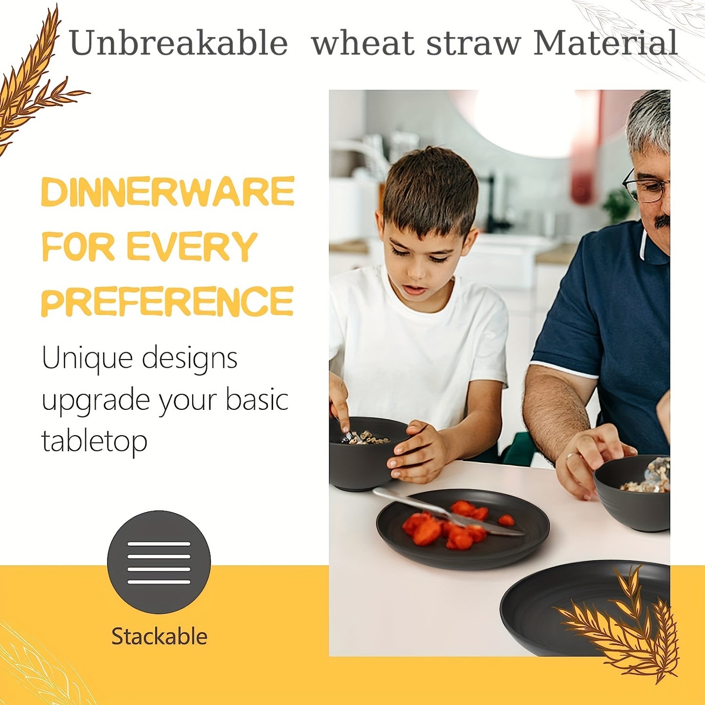 16pcs Unbreakable Dinner Plates, Wheat Straw Dinnerware Sets, Microwave Dishwasher Safe, Reusable Dinnerware, Black Set 8pcs Plates, 4pcs Bowls, 4pcs Cups