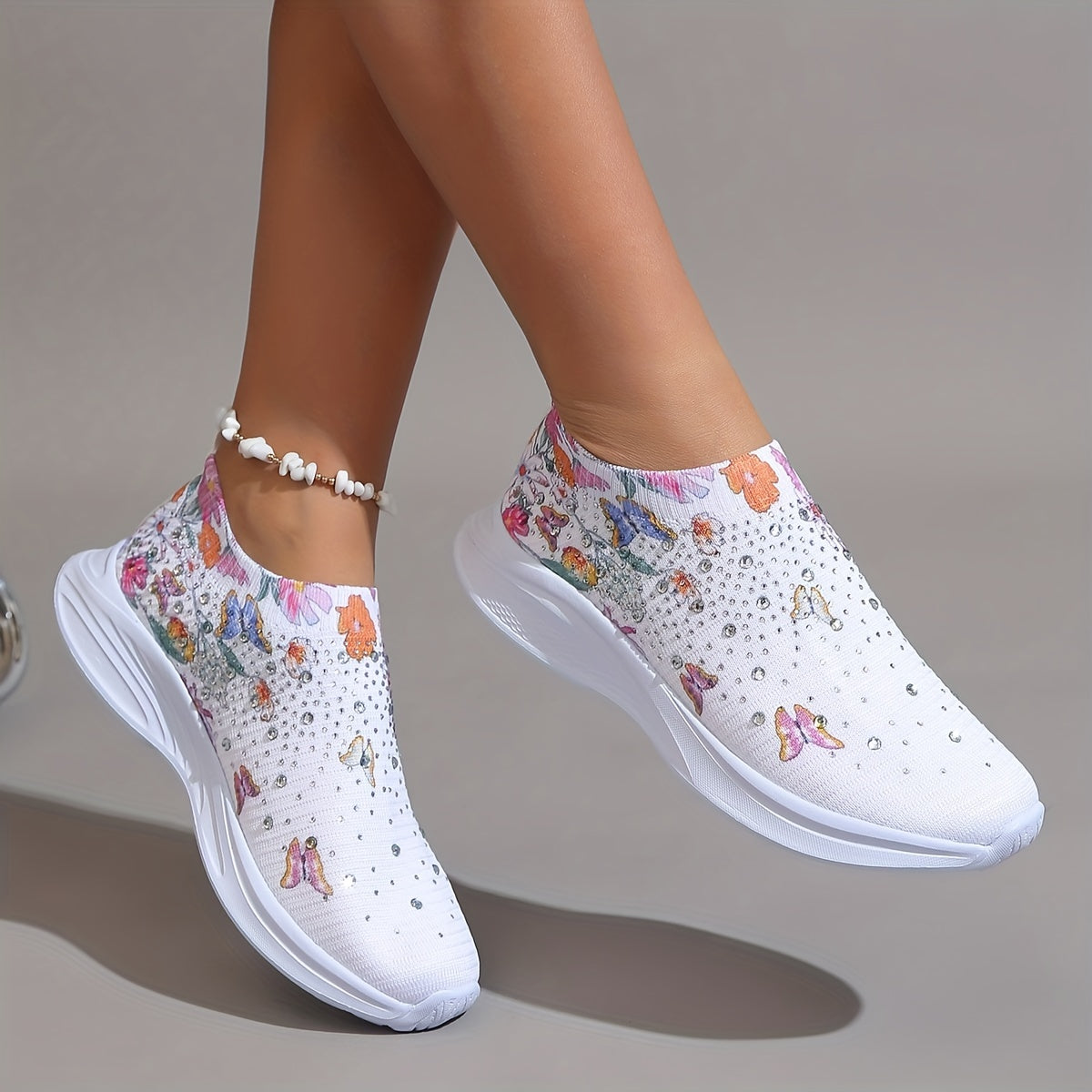 Femme Strass Décor Sneakers, Floral &amp; Papillon Imprimer Slip On Chaussures, Chaussures de course en tricot respirant