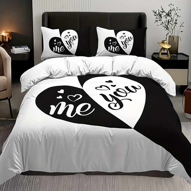 3pcs Duvet Cover Set, Black And Red Heart Pattern Bedding Set, Soft Duvet Cover For Bedroom, Guest Room (1*Duvet Cover + 2*Pillowcase, Without Core)