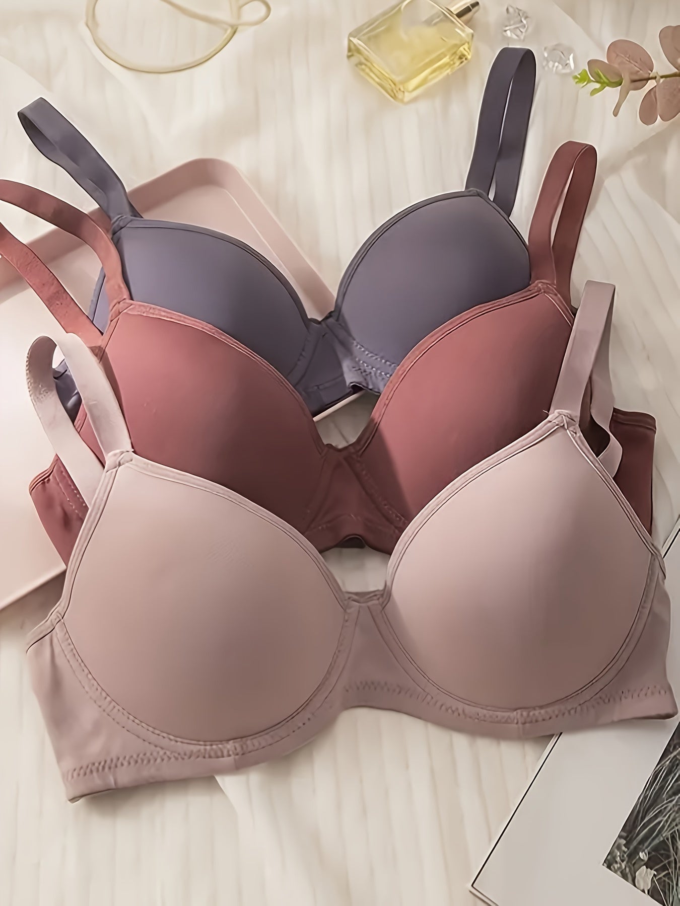 3pcs sutiã sem costura sólido simples, sutiã push up com aro confortável e respirável, lingerie e roupa íntima feminina