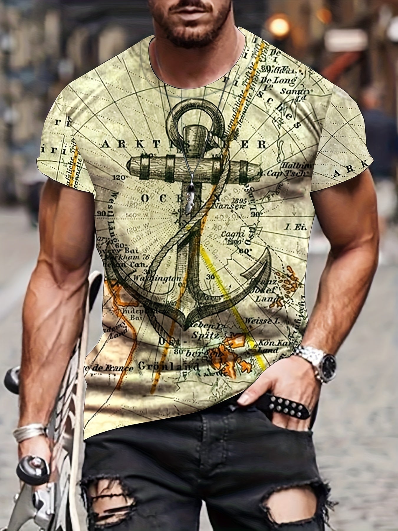 PLUS SIZE Men's 3D Anchor Graphic Print T-shirt For Summer, Street Style Short-sleeve Tees Tops For Big & Tall Guys