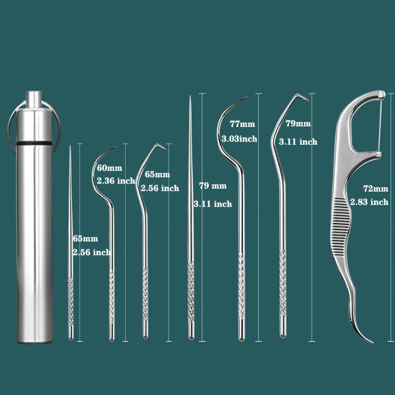 3 F4 F7pcs Fset, conjunto de palitos de aço inoxidável, palitos reutilizáveis, fio dental de metal portátil, ferramentas de limpeza dentária, removedor de manchas dentárias, equipamento doméstico de limpeza interdental, para casa, ao ar livre, viagens, ma