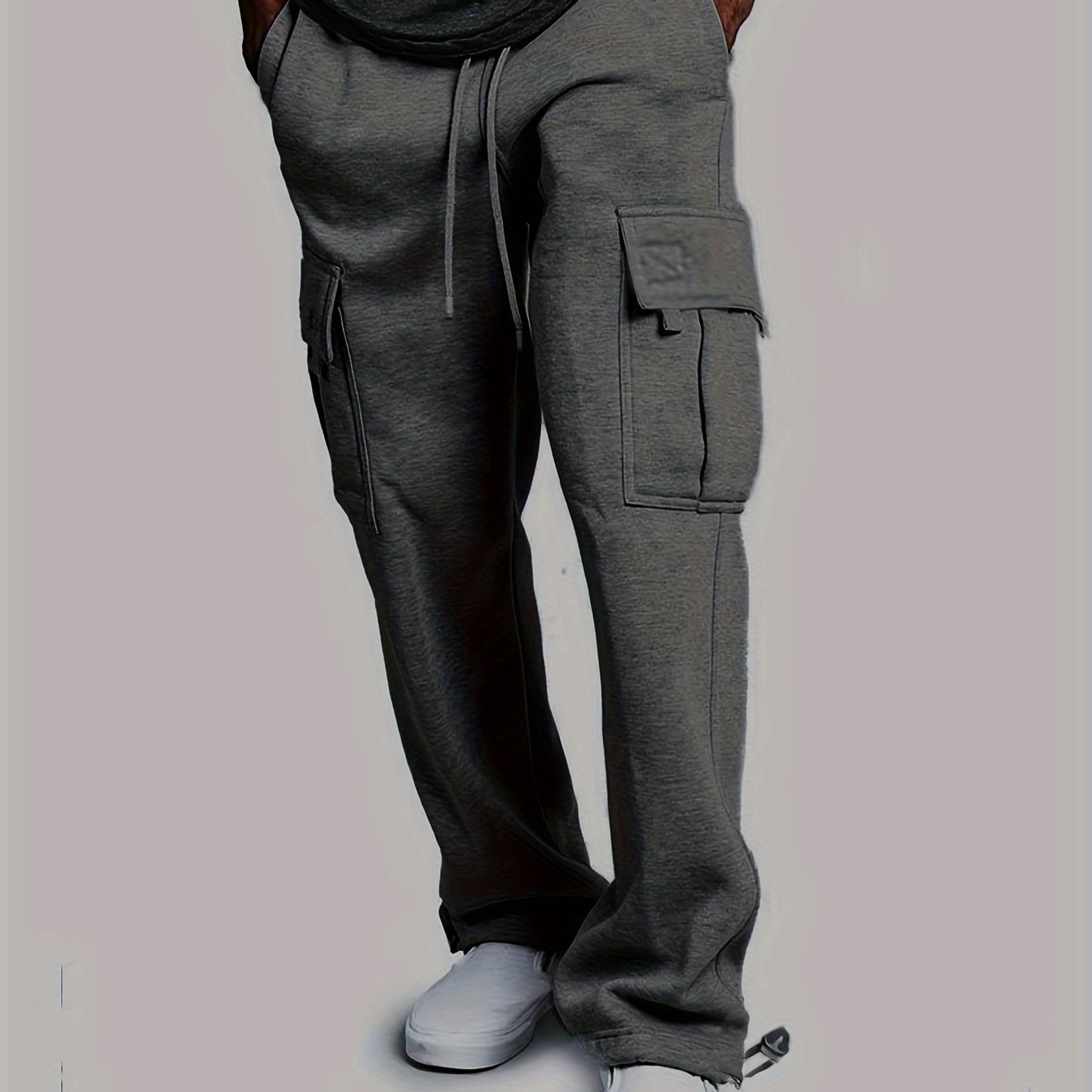 Plus Size Men's Relaxed Fit Cargo Trousers With Pockets, Oversized Casual Drawstring Pants For Big And Tall Guys