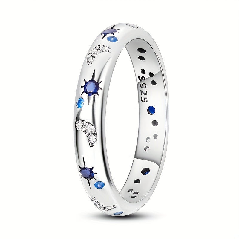 1pc 925 Sterling Silver Ring Moon And Star Patterns Inlaid Rhinestone Creative Design Showing Off Personality