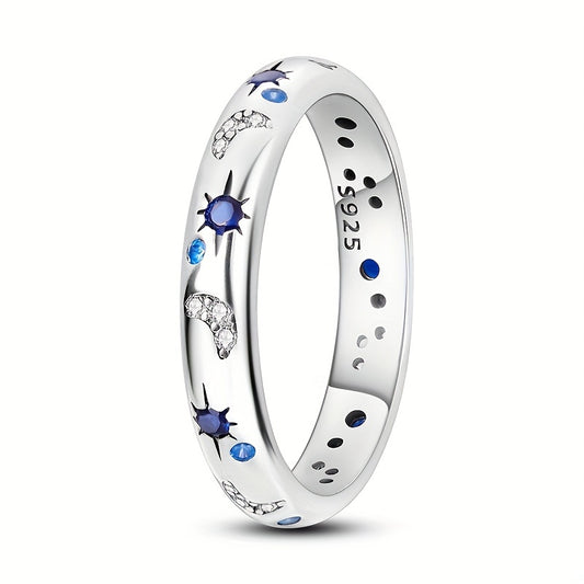 1pc 925 Sterling Silver Ring Moon And Star Patterns Inlaid Rhinestone Creative Design Showing Off Personality