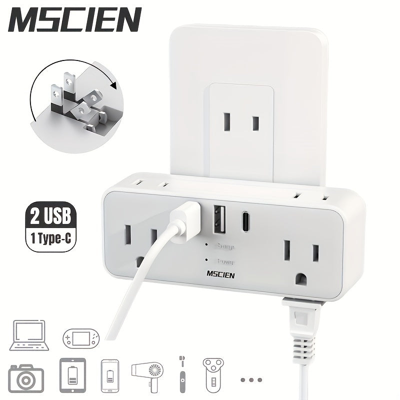 1pc US Plug Wall Socket With 2 USB 1 Type-C Charging Ports, Socket Extension, Surge Protection 6 Outlets Wall Charger With Hidden Plug, Travel Plug Adapter, America Japan China Mexico (Type A Plug)