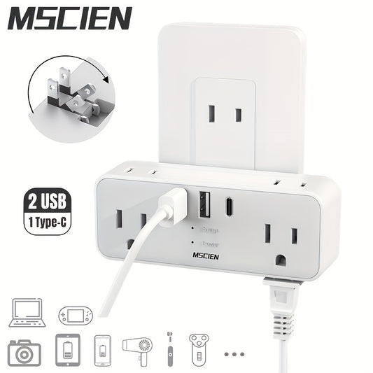 Enchufe de pared con 2 puertos de carga USB 1 tipo C, extensión de enchufe, protección contra sobretensiones Cargador de pared de 6 salidas con enchufe oculto, adaptador de enchufe de viaje, América Japón China México (enchufe tipo A)