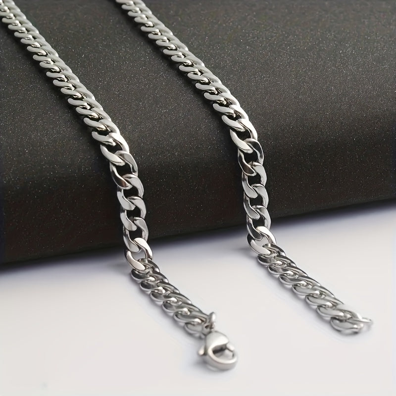 2pcs Necklace Plus Bracelet Punk Style Jewelry Set Trendy Cuban Chain Design Made Of Stainless Steel Suitable For Men And Women Match Daily Outfits Party Accessories