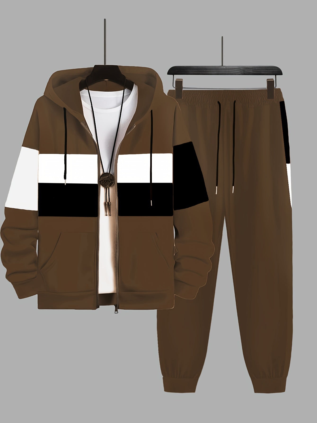 Plus Size Men's 2Pcs Outfits, Contrast Hooded Jacket & Joggers Set For Spring Fall Winter, Men's Clothing