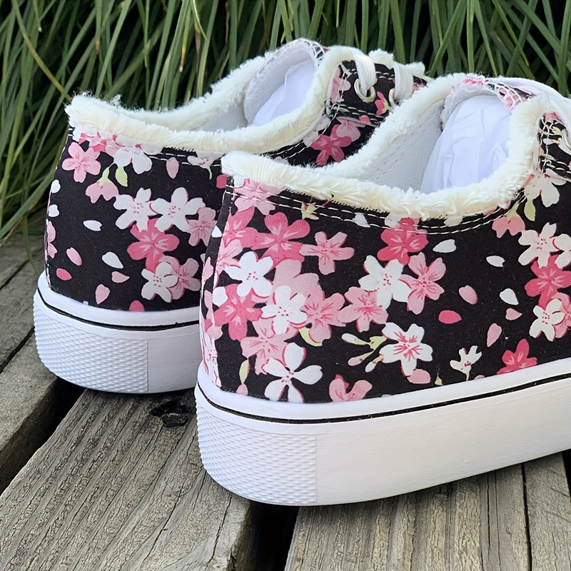 Canvasschuhe mit Blumenmuster für Damen, lässige Skateschuhe mit Schnürung und niedrigem Oberteil, flache All-Match-Sneaker