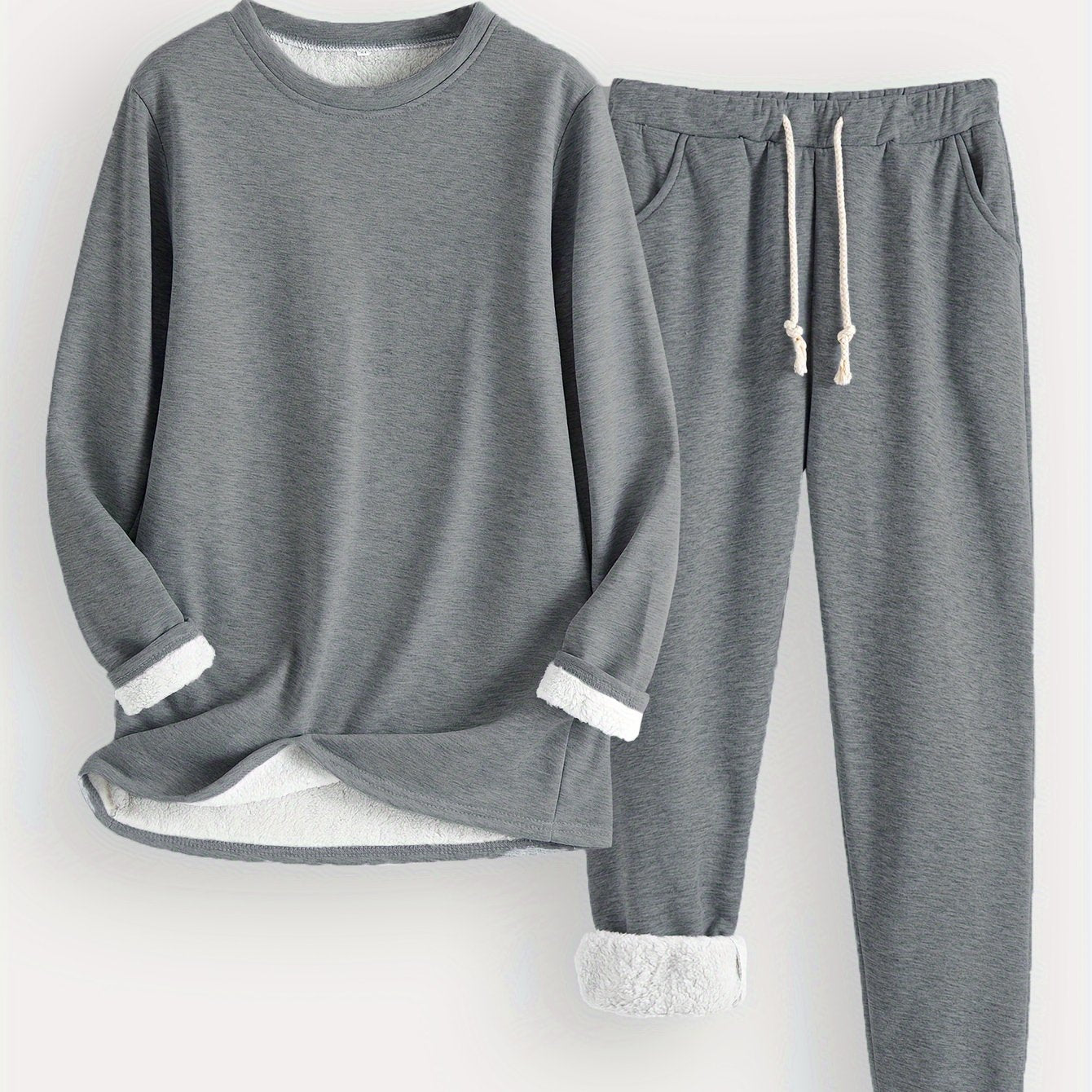 Zweiteiliges Set mit Rundhals ausschnitt Langarm Sweatshirt und Kordel zug hose lässig solide, zweiteiliges Set, Damen bekleidung