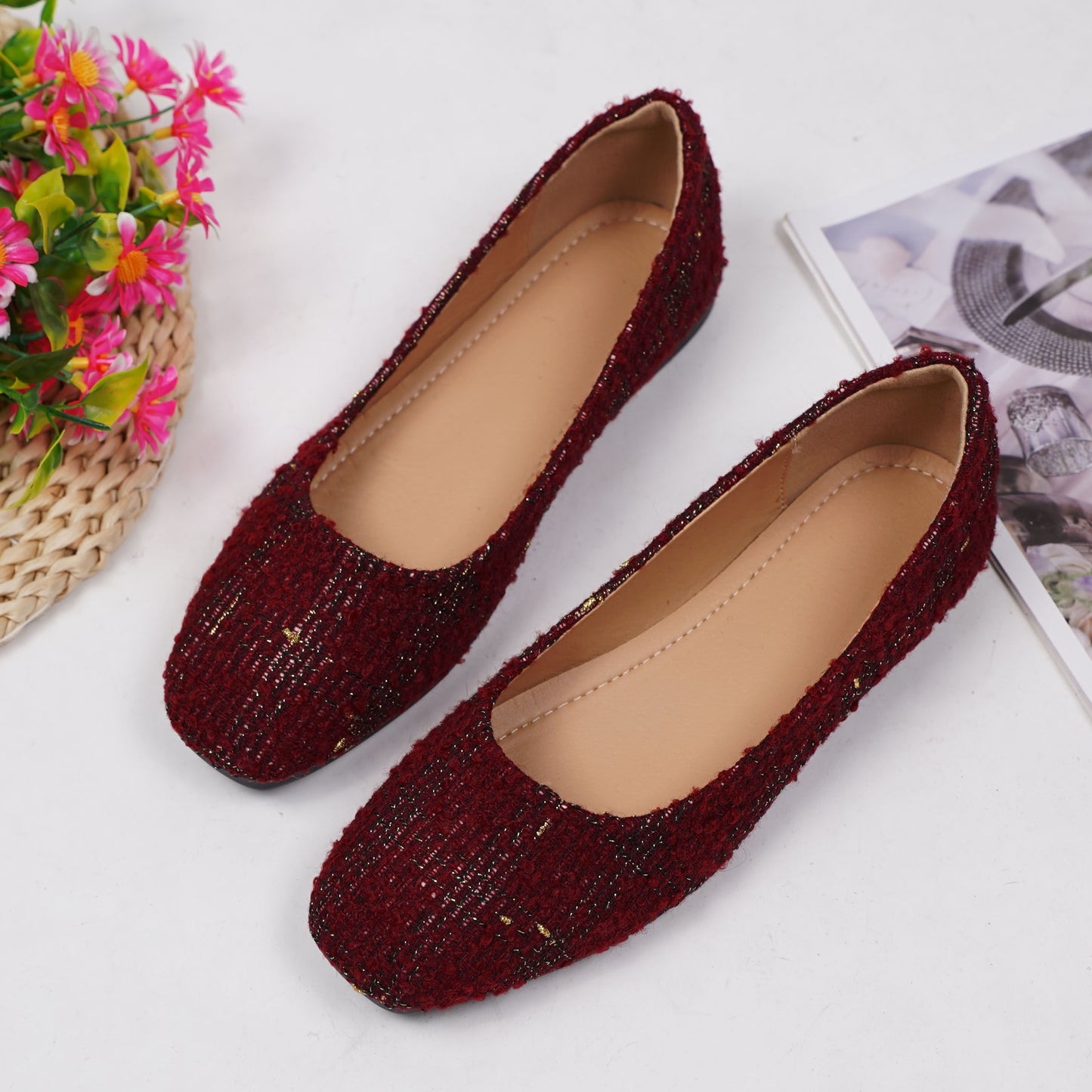 Women's Solid Color Flat Shoes, Elegant Square Toe Slip On Shoes, Lightweight & Comfortable Shoes