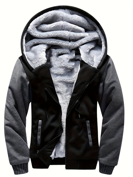 Fashionable Men's Hoodies Zipper Contrast Colors Fleece Winter Jacket,Suitable For Winter,Street Outdoor,Comfortable,Warm And Versatile