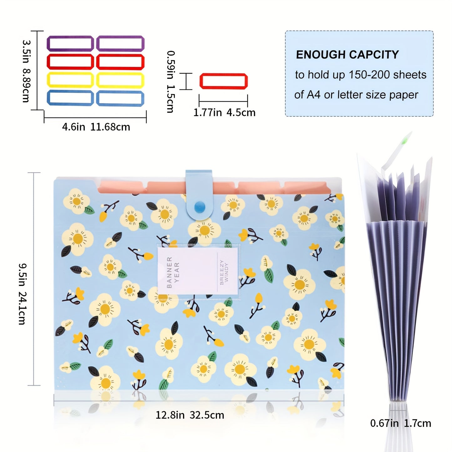8pcs Of A4 Cute Accordion Folders, Expandable Folders, Letter Size File Storage Boxes, With 5 Pockets, 64 Labels, Suitable For School And Office Supplies. 12.8 Inches X 9.5 Inches X 0.6 Inches