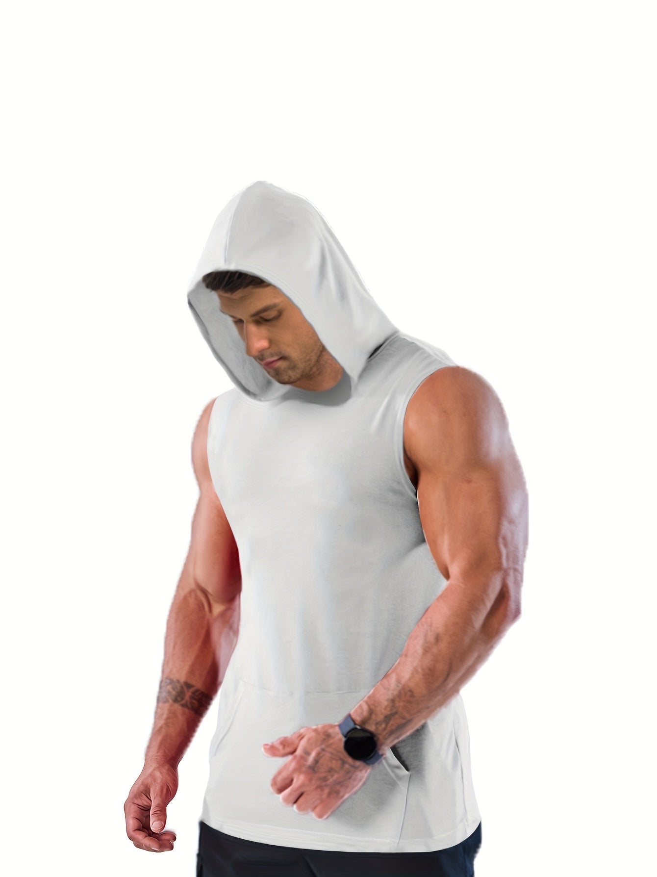 Plus Size Men's Solid Sleeveless Hoodies For Sports, Fashion Casual Hooded Tank Top For Summer, Men's Clothing