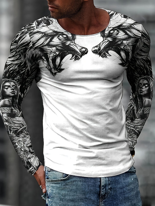 Anime Beast Graphic Print Men's Stylish Long Sleeve Crew Neck T-shirt, Spring Fall, Gift For Men