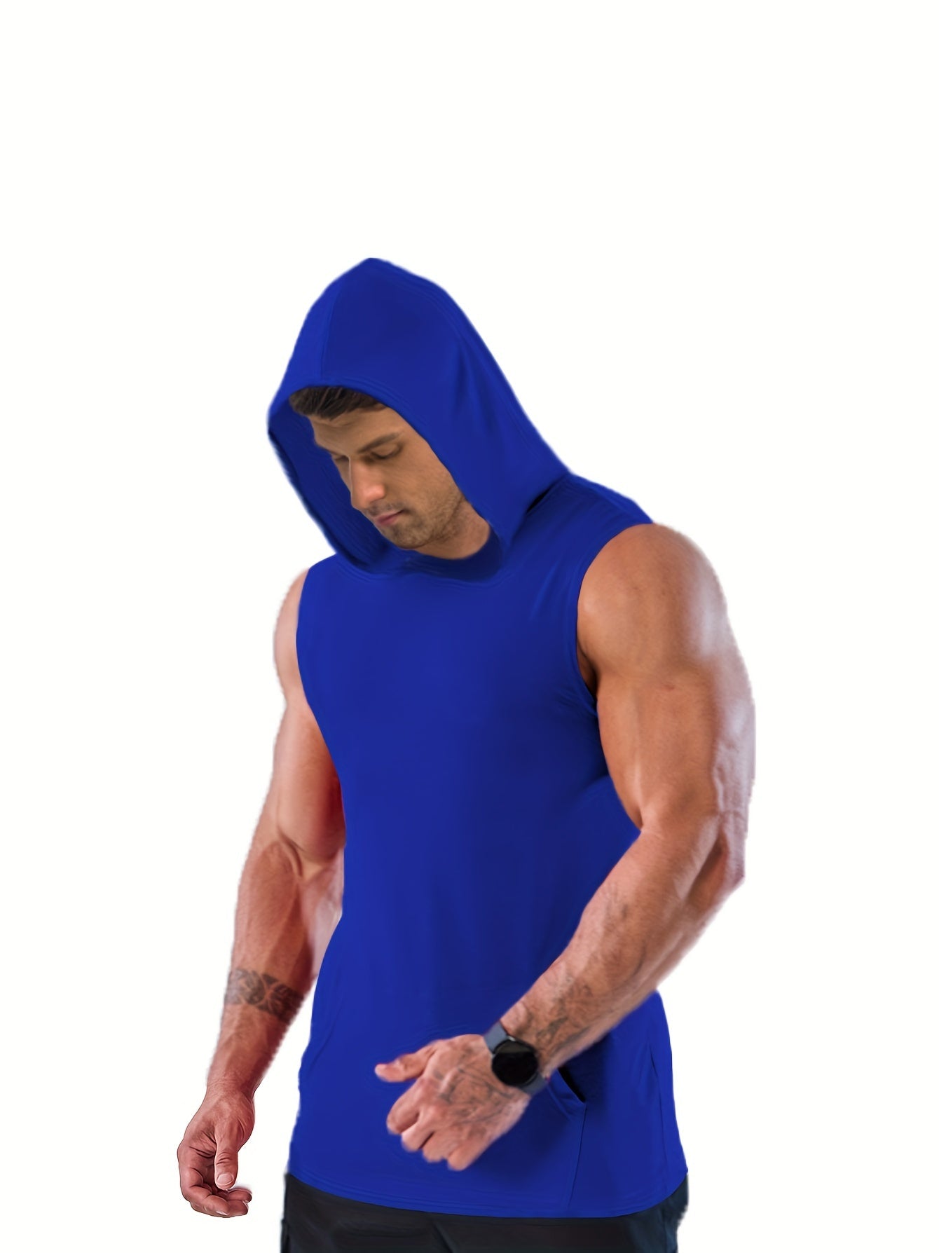 Plus Size Men's Solid Sleeveless Hoodies For Sports, Fashion Casual Hooded Tank Top For Summer, Men's Clothing