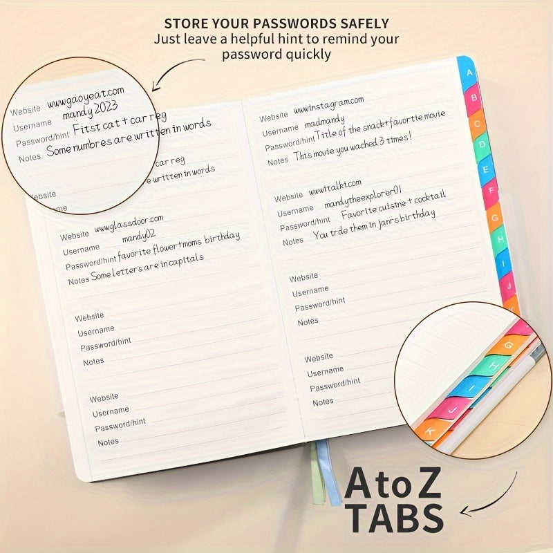 Secure A5 Password Book With Alphabet Tabs - Ideal For Home & Office Internet, Email Login Passwords - Premium Address Manager With Foldable Inner Pocket - Personal Password Organizer