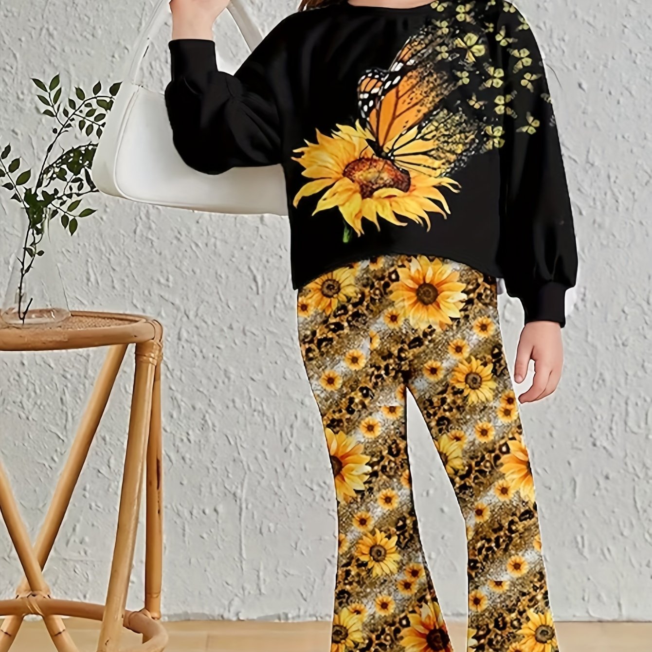 Sweet Girls 2pcs Butterfly Sunflower Graphic Pullover + Flare Pants Set Outdoor Gift