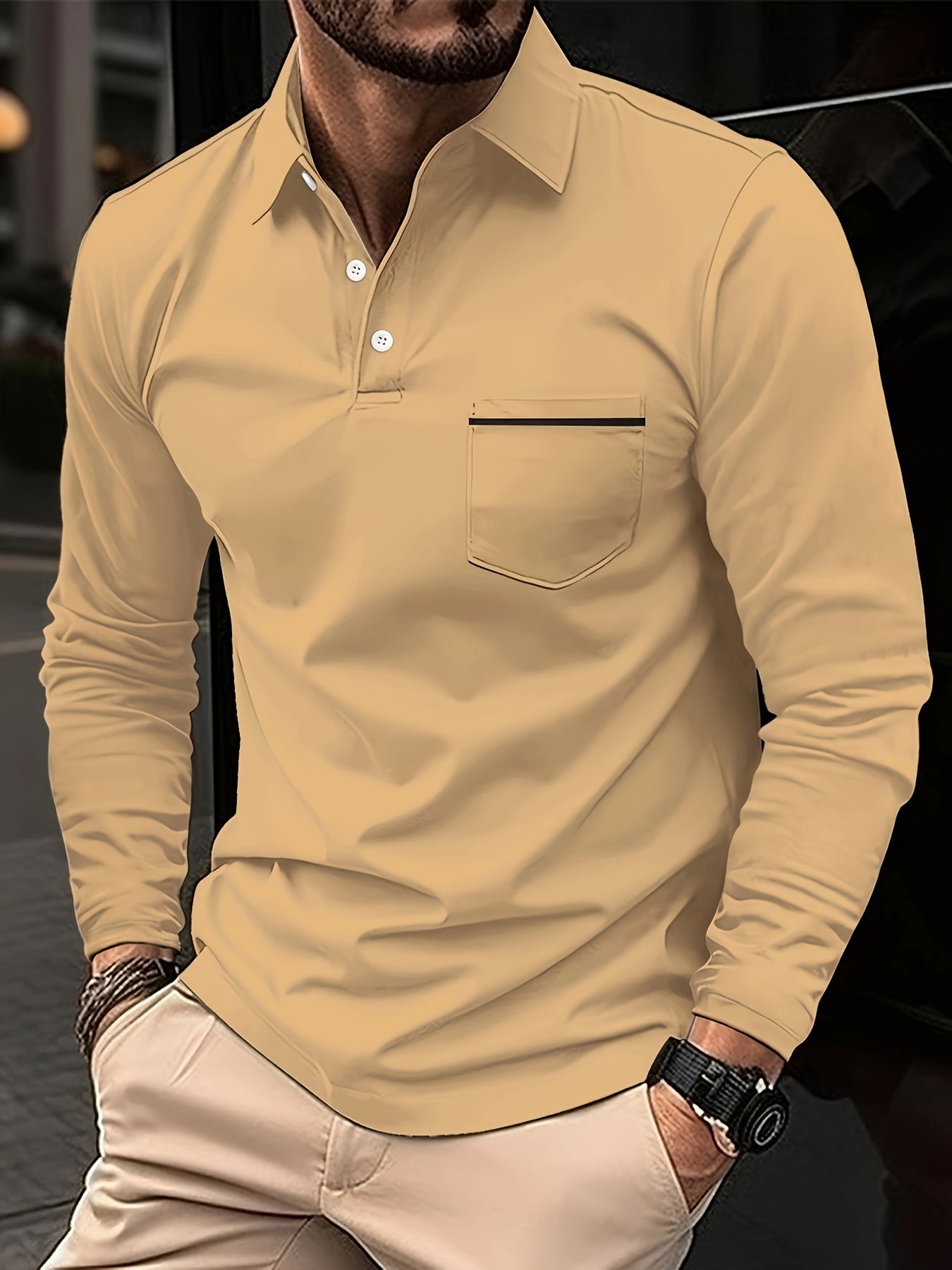 Camisa masculina de lapela de manga comprida básica madura de cor sólida com bolso no peito, esportes de golfe primavera outono