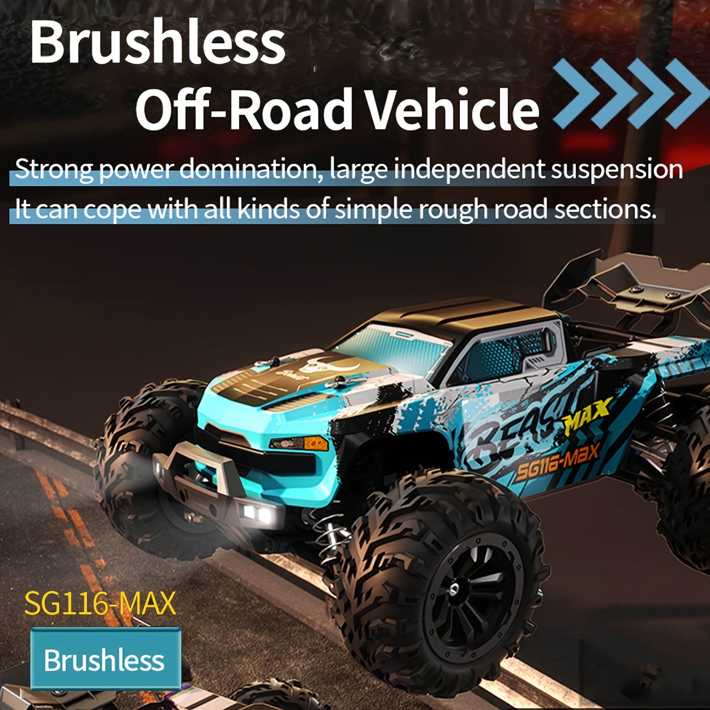 Carros RC rápidos sem escova para todos os terrenos em escala 1:16, caminhão off road 4WD de alta velocidade com modo de luz de 3 LED, 40 minutos de tempo de reprodução, presentes de brinquedos para veículos com volante digital 17G