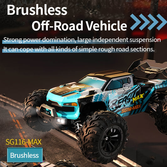 1:16 Scale All Terrain Brushless Fast RC Cars, High Speed 4WD Off Road Truck With 3 LED Light Mode, 40 Minutes Playing Time, 17G Digital Steering Gear Vehicle Toys Gifts